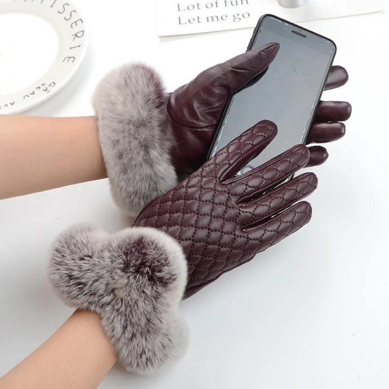Winter Warm Driving Leather Gloves Women's Real Sheepskin Fur Gloves Sheepskin Fashion Out All Finger Motorcycle Riding Gloves