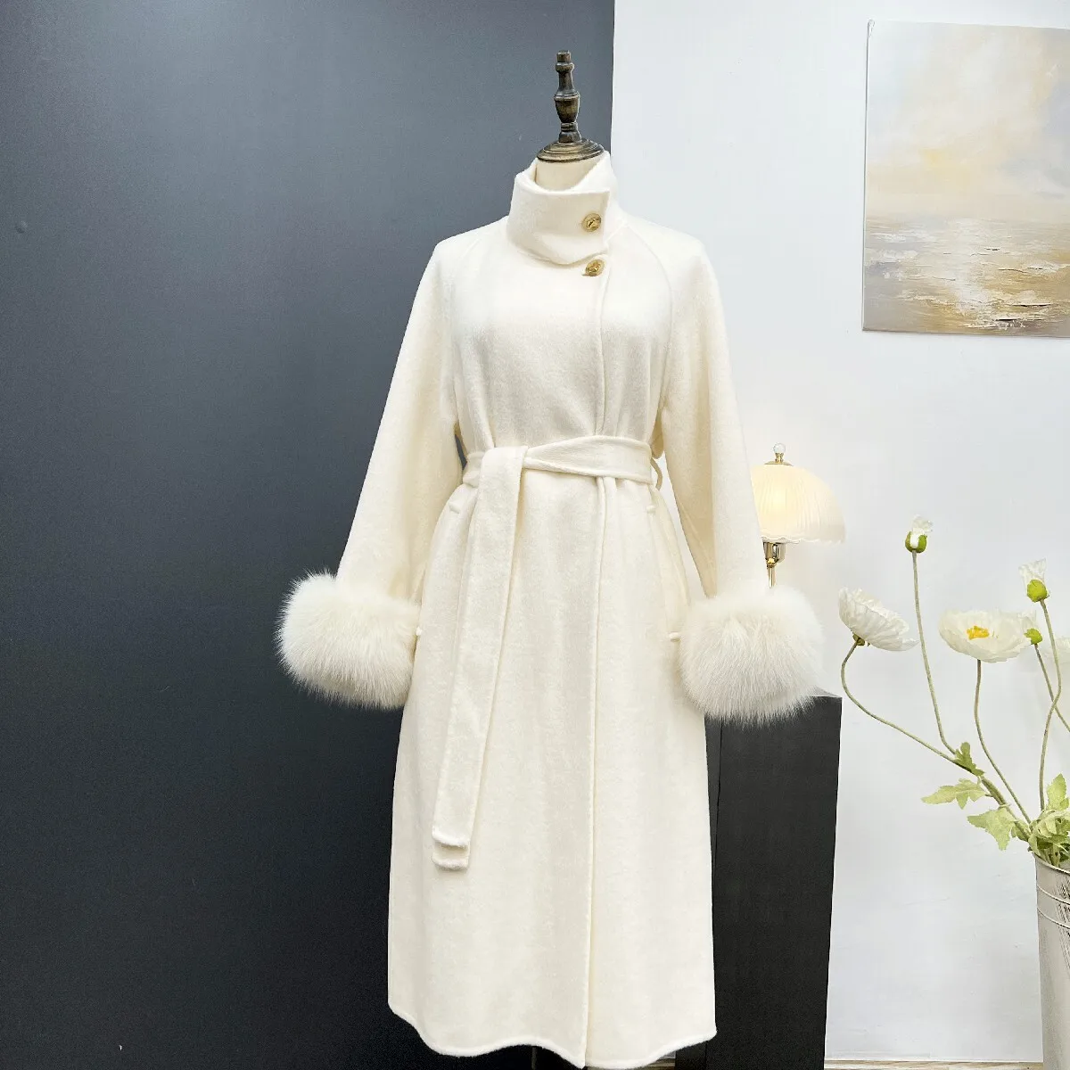 autumn and winter new item stand collar high-end double-sided cashmere coat women's long woolen coat real fur fur