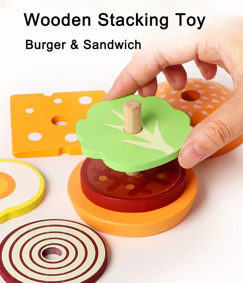 Holz Burger Sandwich Stapeln Spielzeug Montessori Pädagogisches Spielzeug Pretend Spielen Lebensmittel Puzzle Spielzeug Für Kinder Entwickeln Feinmotorik – Detail 2