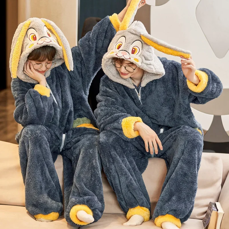 2024 Couples Pajamas Jumpsuits Sleepwear Women Men Winter Thicken Hoodies Cartoon Rabbit Pyjamas Coral Fleece  Loose Soft Warm