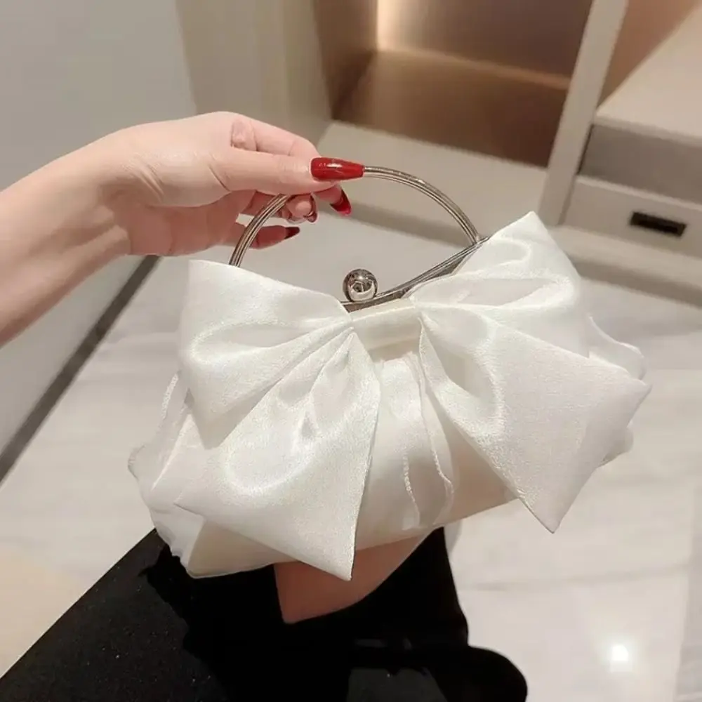 

Trendy Elegant Bridal Clutch Bag Satin Bow White/Gold Bow Evening Handbag Chain Shoulder Strap Metal Handle Wedding Purse Lady