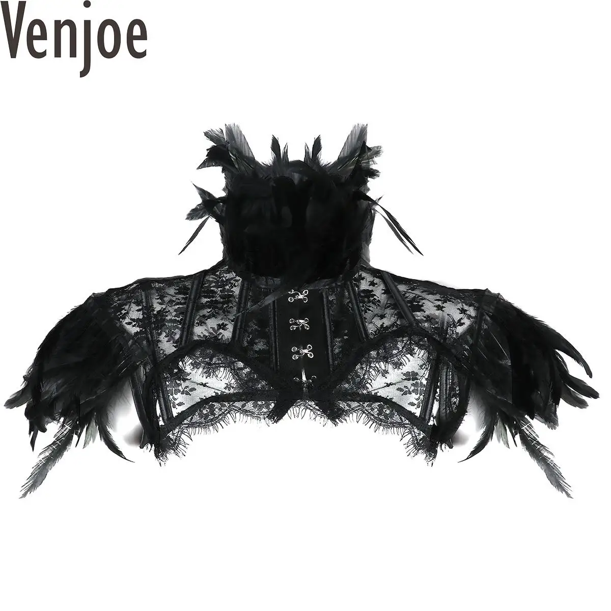 

Women Retro Vintage Punk Gothic Feather Collar Shoulder Halloween Lace Cape Bolero Jacket Shrug Tops Goth Rave Rarty Costumes