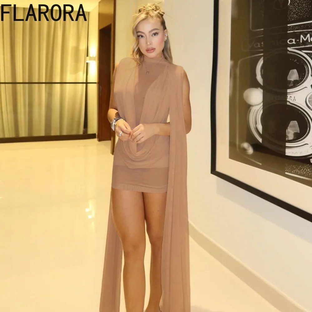 FLARORA Coquette Sexy Patchwork Dress Woman Mesh See Through Swing Neck Sleeveless Peach Hip Mini Dresses Elegant Party Clubwear