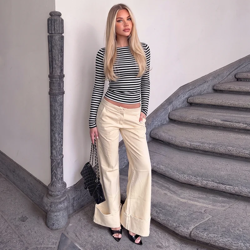 Hugcitar Gestreiftes Farbblock-Langarmshirt, Sexy Slim Fit Crop T-Shirt Top, Herbst Damenmode Kleidung, Streetwear, Party, Club – Detail 31