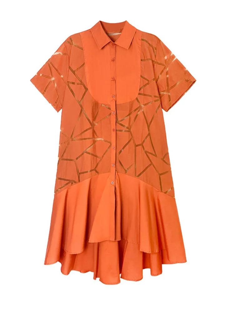 [EAM] Women Orange Perspective Big Size Ruffles Shirt Dress New Lapel Short Sleeve Fashion Tide Spring Summer 2024 1DE9785