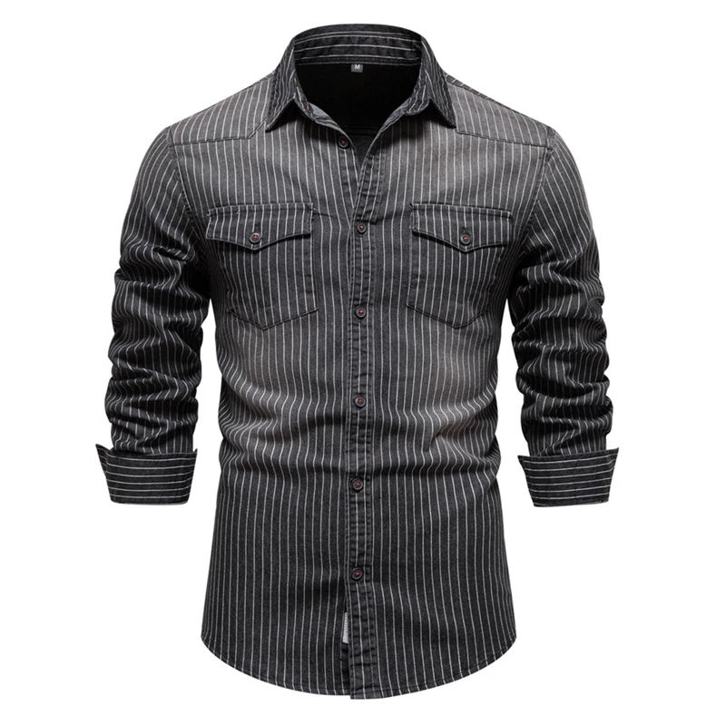 

Men s Vintage Striped Denim Shirt Long Sleeve Turn Down Collar Button-Down Tops with Chest Pockets