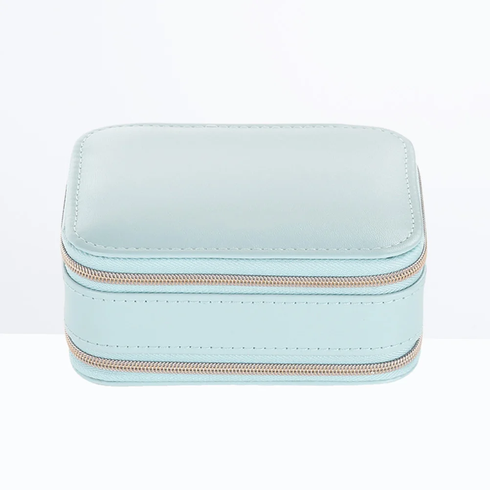 Portable Zippered Jewelry Box PU Multifunction Jewelry Case with Built-in Mirror for Women Girls (Light Blue)