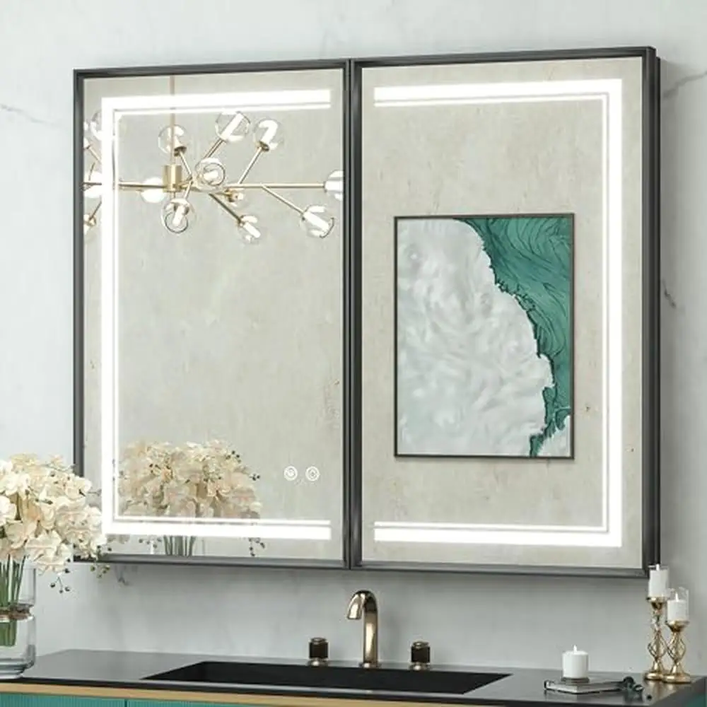 LED Lighted Bathroom Medicine Cabinet with Defogger & 2 Electrical Outlets 36x30 Rectangular Black