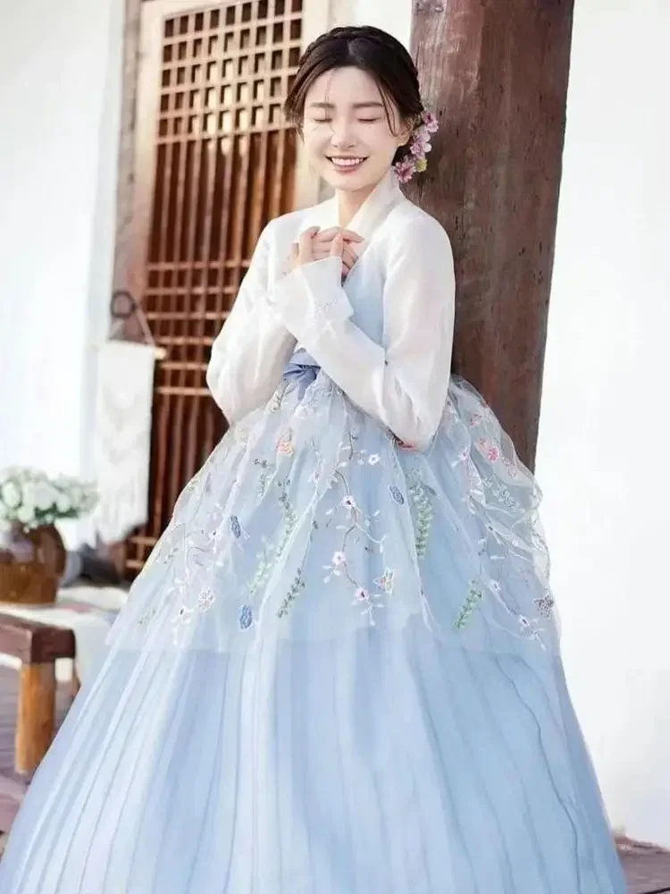 

Korean Traditional Costume Minority Palace Performance Court Clothes New Blue Hanbok For Women Flower Wedding Party Dance Dress