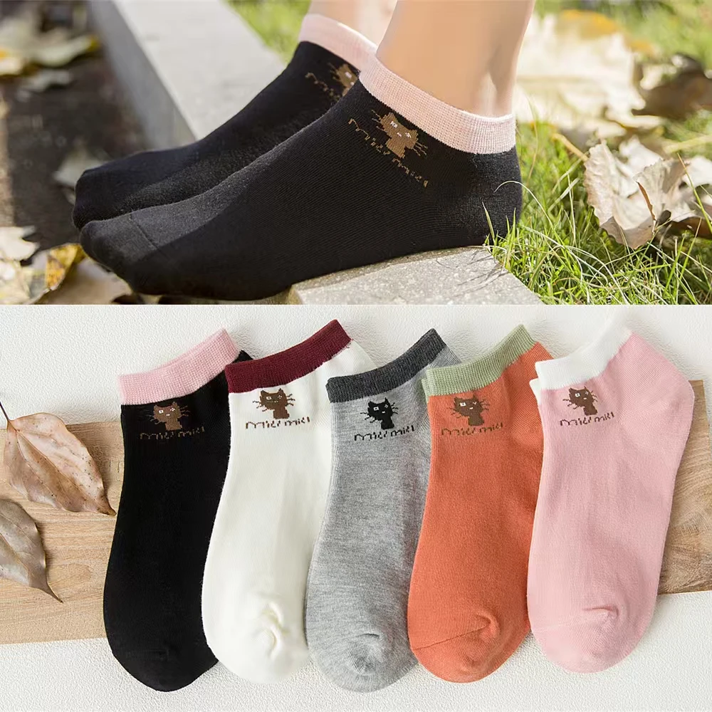 

SHXI 5 Pairs Low Tube Women's Socks Spring Summer Cartoon Kitten Breathable Cotton Socks Cute Student Casual Ankle Socks