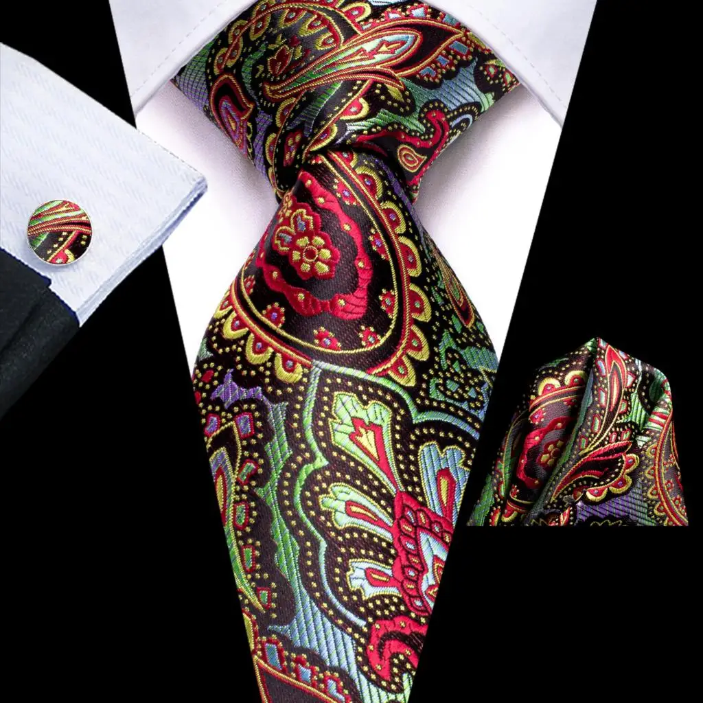 Red Green Paisley Silk Wedding Tie For Men Handky Cufflink Gift Men Necktie Fashion Business Party Dropship Hi-Tie Designer