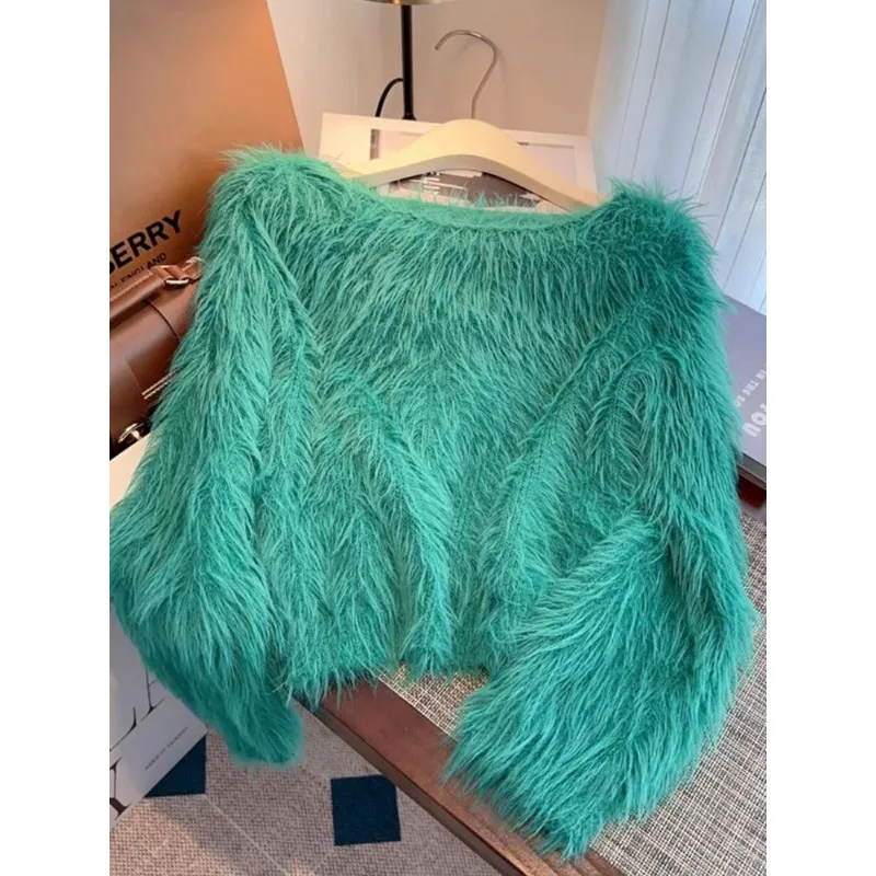 Design Off-shoulder Imitation Mink Fleece Sweater Women's Autumn Winter Soft Waxy Fluffy Knitted Sweater Long-sleeved Short Top