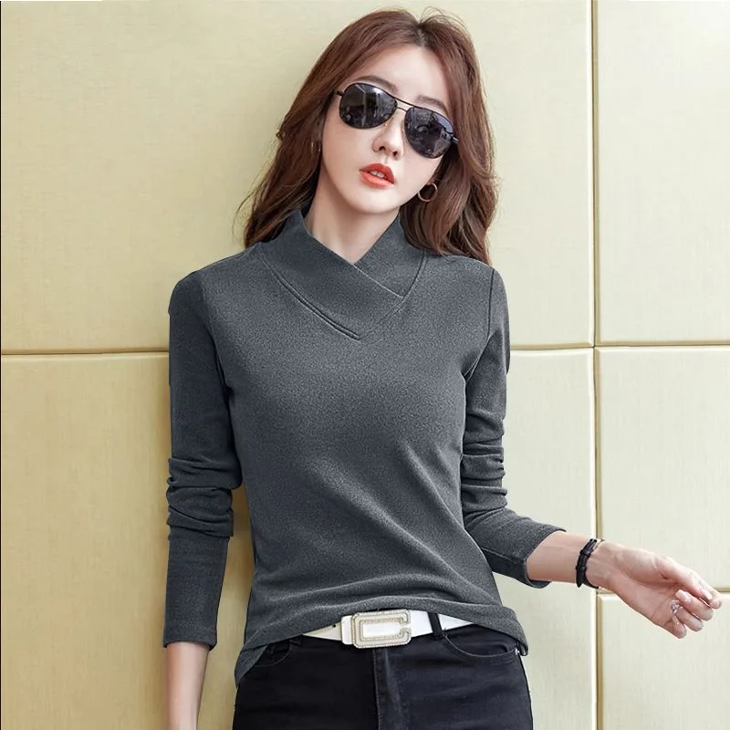 2023 autunno/inverno New Half High Collar Solid Underlay Shirt Wild popolarità Slim Fit scollo a v manica lunga comoda t-Shirt