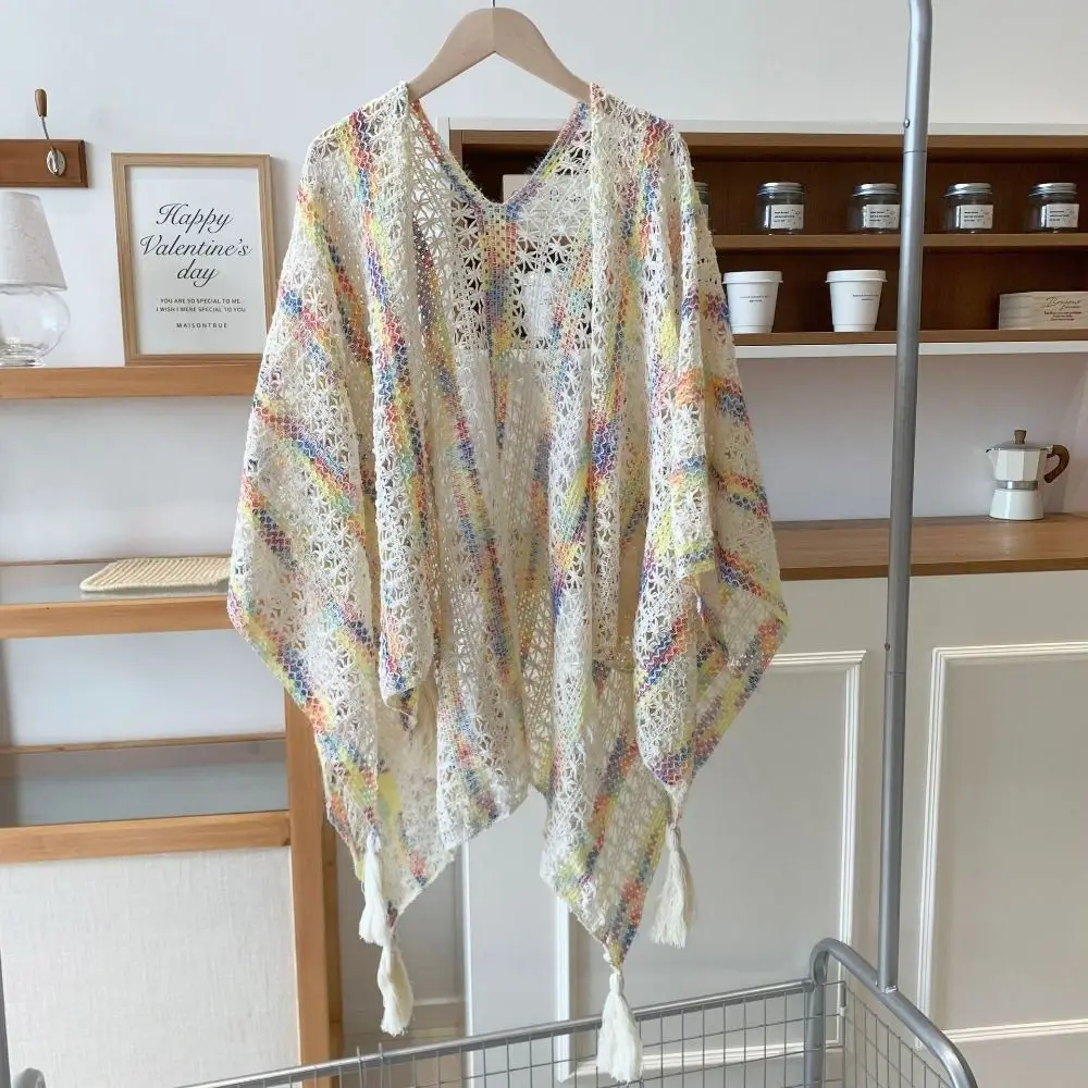 

Vintage Elegant Ethnic Style Tassel Shawl Thin Colorful Sunscreen Crochet Cardigan Hollow Retro Beach Scarf Outdoor