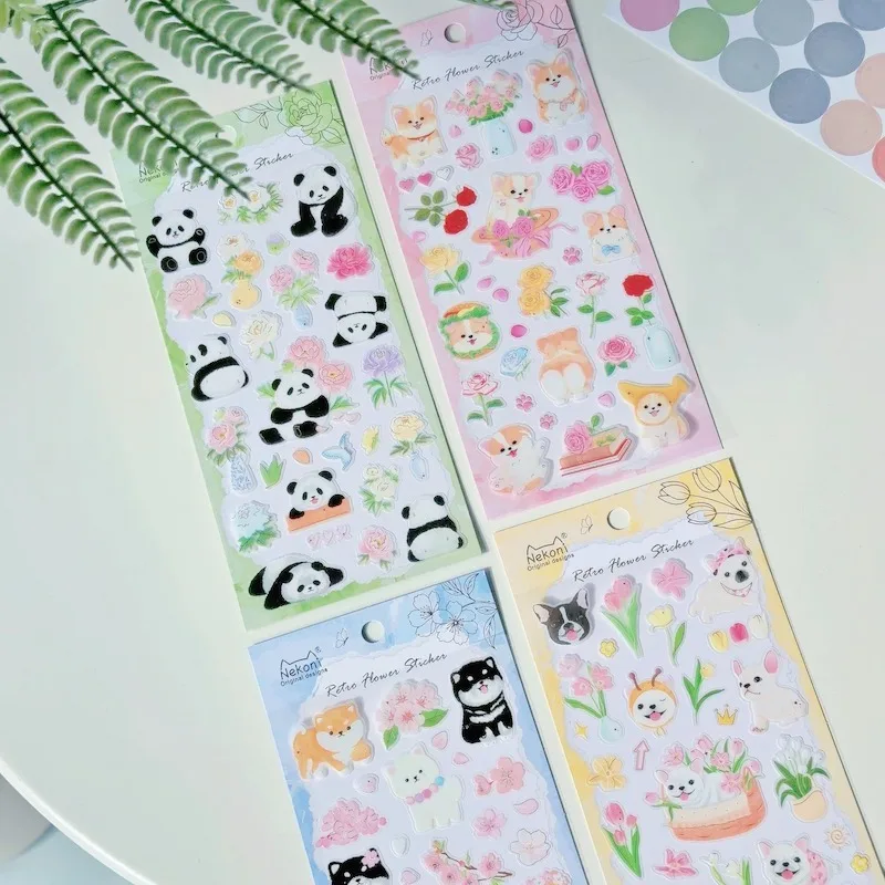 Cute Cartoon Animal Stickers Panda Dog Flower Patterns for Scrapbooking DIY Plastic Stationery Supplies Nekoni 51706-51709