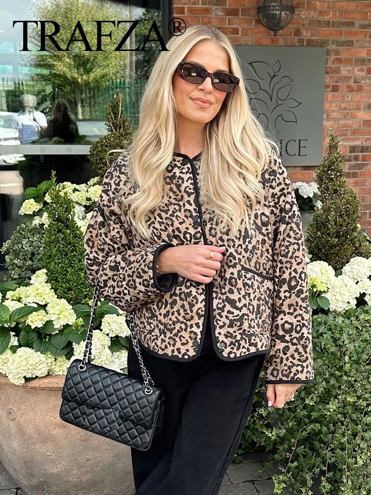 TRAFZA Women Winter Fashion Crew Neck Leopard Print Cotton Coat Female Elegant Single Breasted Long Sleeve Zebra Print Jacket