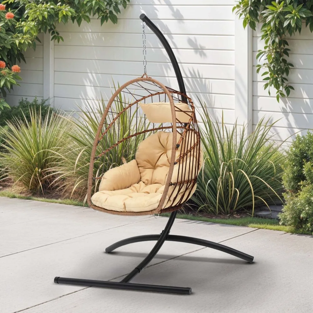 

Hanging Egg Chair Wicker Patio Swing Indoor Outdoor Stand Steel w/ Soft Cushion