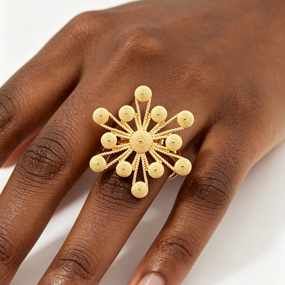 Luxuriöses 18K vergoldetes, strukturiertes, perlenbesetztes Sternen-Feuerwerk-Ohrringe- und Ring-Set für Damen, Hochzeit, Party, Brautgeschenk – Detail 8