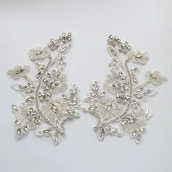 2pc/set Luxury Rhinestone patches for clothing DIY beaded  lace appliques  wedding dress waist band decoration  head scraf