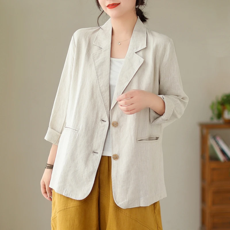 

High-End Cotton Linen Long Sleeve Casual Women's Jacket Spring Autumn New Style Loose Fit Classic Collar Single Button Closure