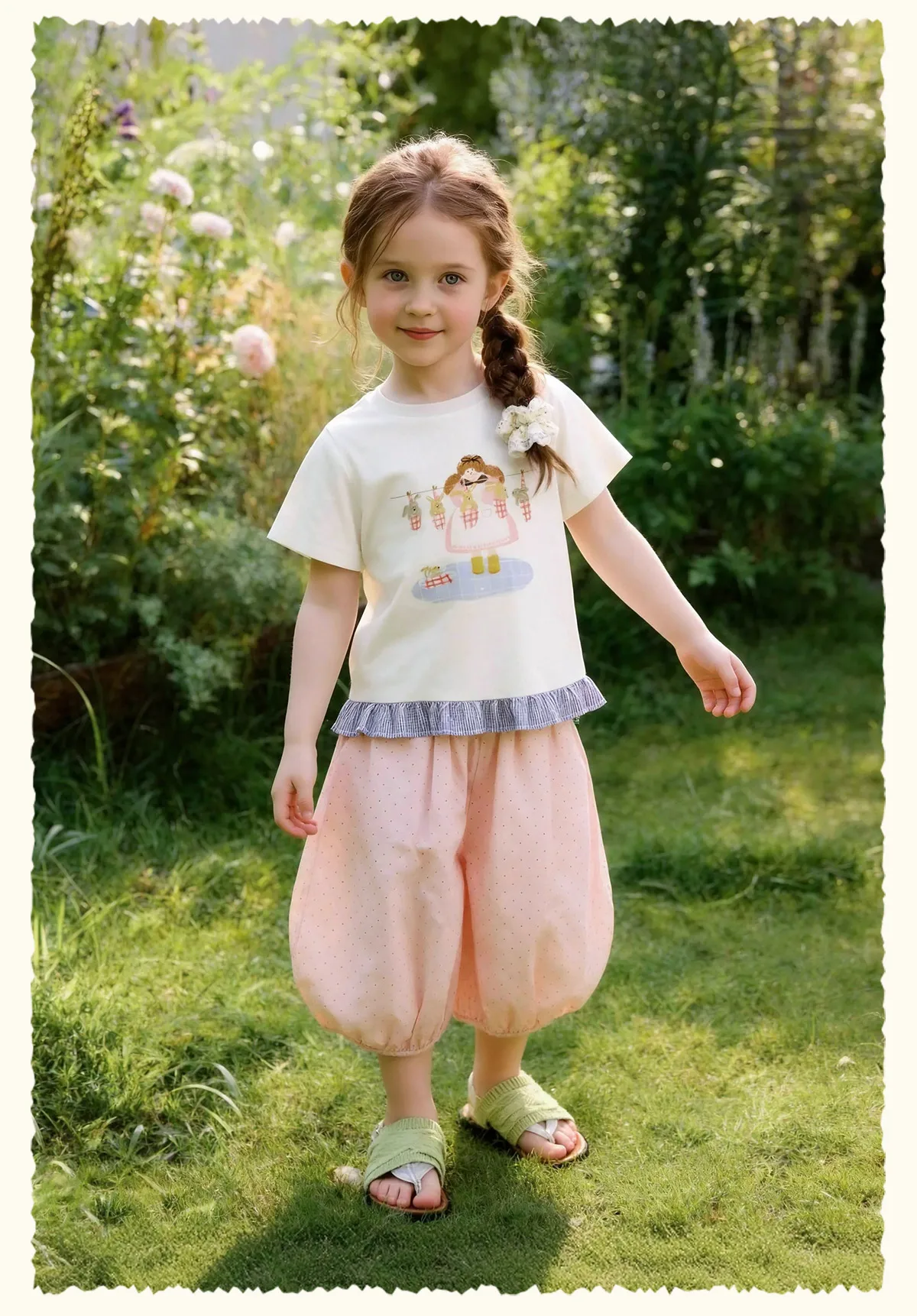 Amila 2026 Sommer-T-Shirt für Mädchen im neuen Stil mit kindlichen Illustrationen, kariertem Muster, Rüschensaum und coolen kurzen Ärmeln – Detail 19