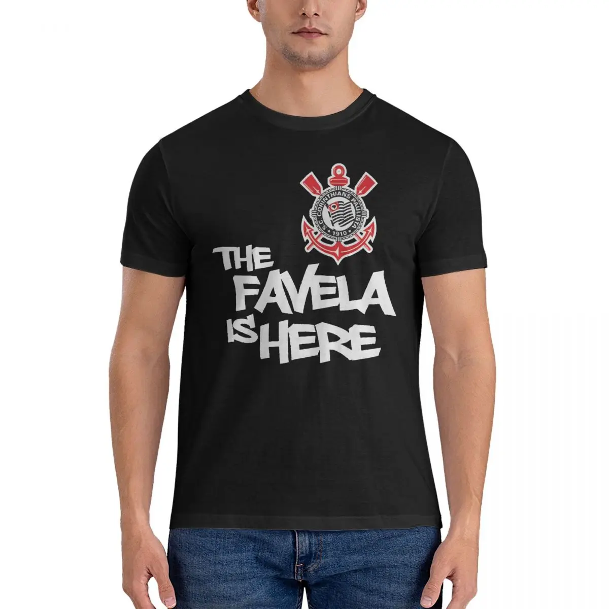 Camiseta de manga curta para homens, camiseta de manga curta com a favela está aqui, gola redonda, roupas de verão