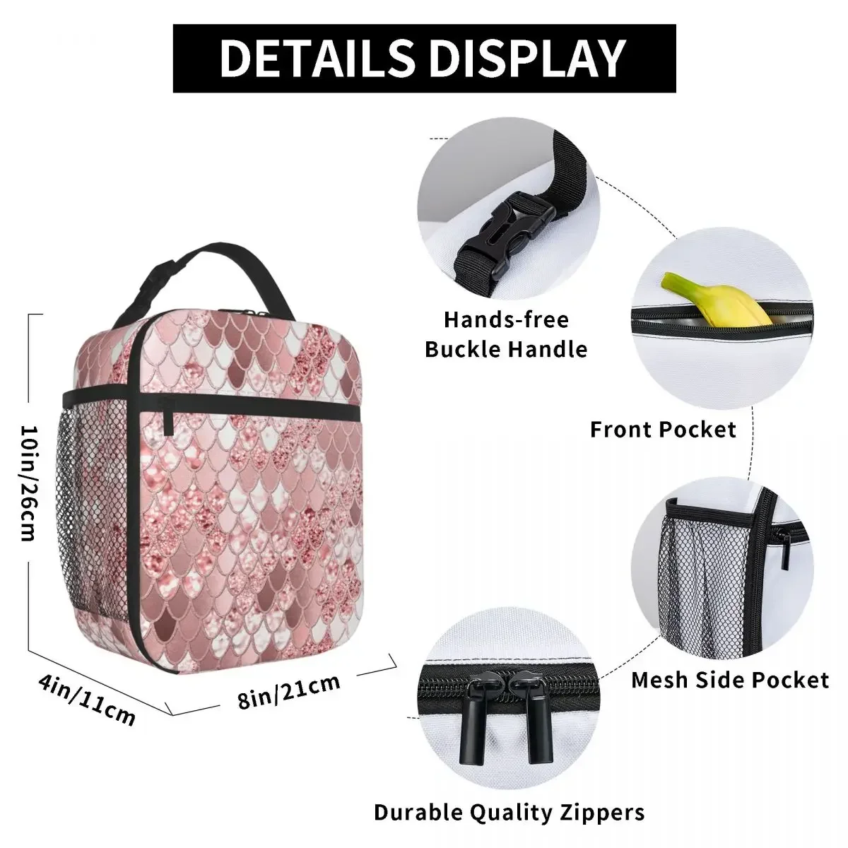 Glitter Mermaid Scales Print Thermal Insulated Lunch Bag Women Portable Lunch Container for School Outdoor Storage Food Box