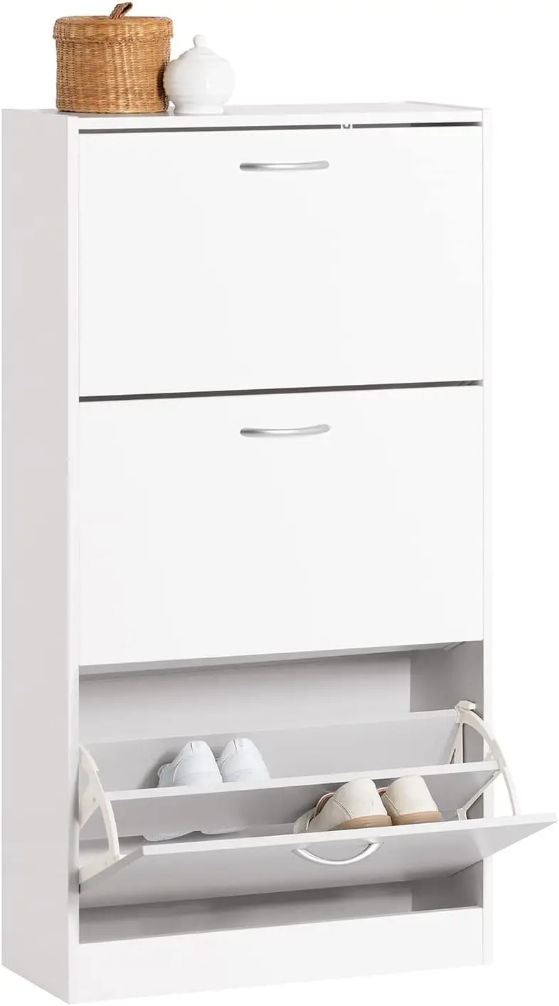 

White Shoe Cabinet with 3 Flip Drawers, Freestanding Shoe Rack, Shoe Storage Cupboard Organizer for Entryway Hallway