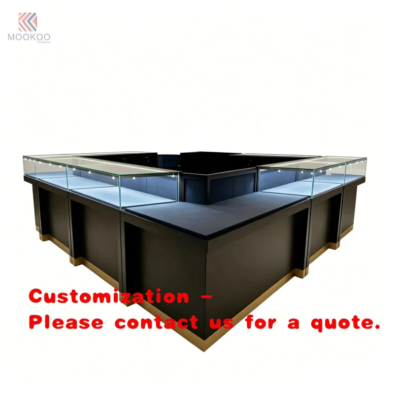 custom.Square Shaped Black Gold Jewelry Display Counter Corner Glass Showcase With Led Light Jewellery Shop Interior