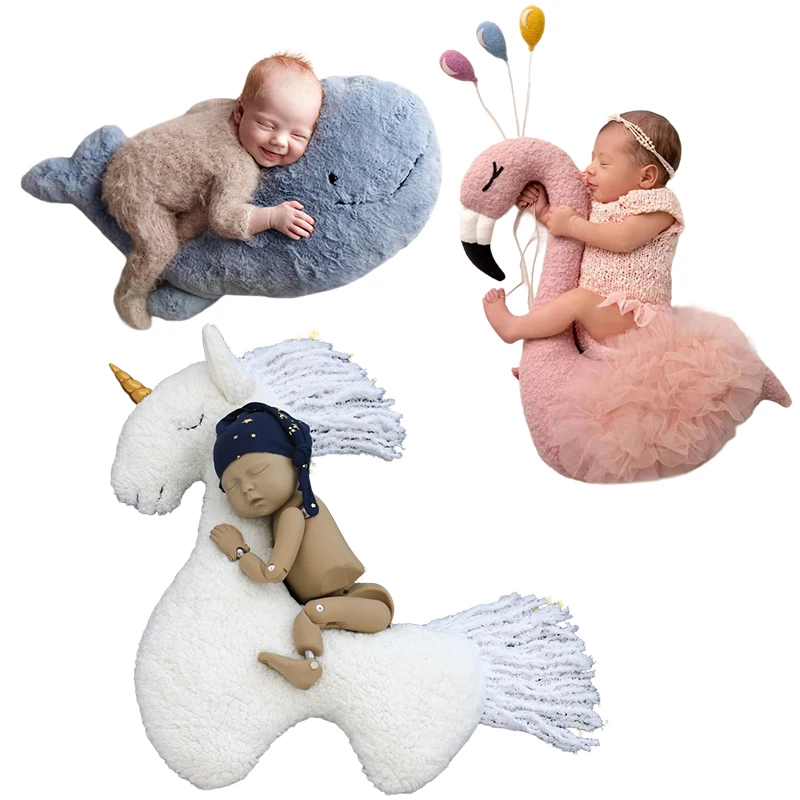 

Newborn Photography Props Unicorn Whale Auxiliary Modeling Pillows Soft Plush Animal Flamingo Doll Cushion Photoshoot Supplies