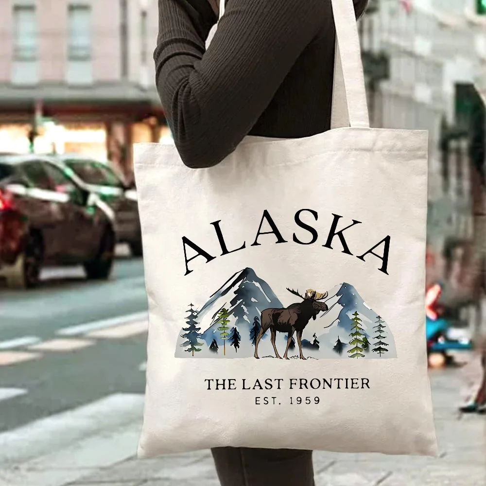 White Alaska Moose Print Shopping Tote Bag for Everyday Use