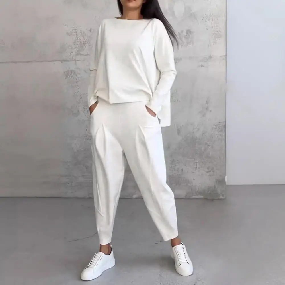 Casual Two-piece Outfit Women's Solid Color Sweatshirt Elastic Waist Trousers Set for Daily Wear Sport Outfit Round for Fall