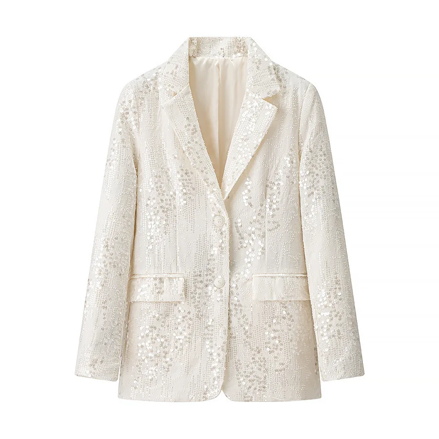 Lantejoulas brilhantes cor sólida calças retas conjunto de duas peças terno perspectiva calças roupa feminina lapela glitter solto casaco