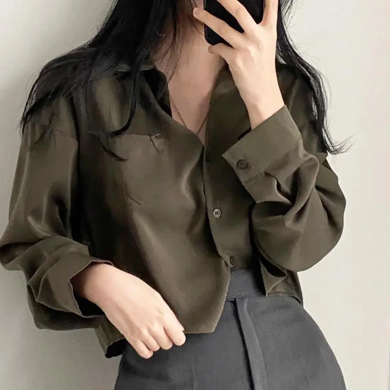 Korean Short Shirt Tops Spring New Long Sleeve Polo Neck Solid Color Loose All-match Youth Blouse Fashion Casual Women Clothing