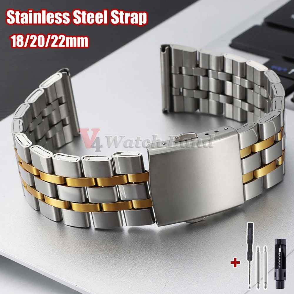 18mm 20mm 22mm Edelstahl-Armband Universelles Armband für Smartwatch Fünf-Perlen-Hohlarmband Silber Gold Gürtel