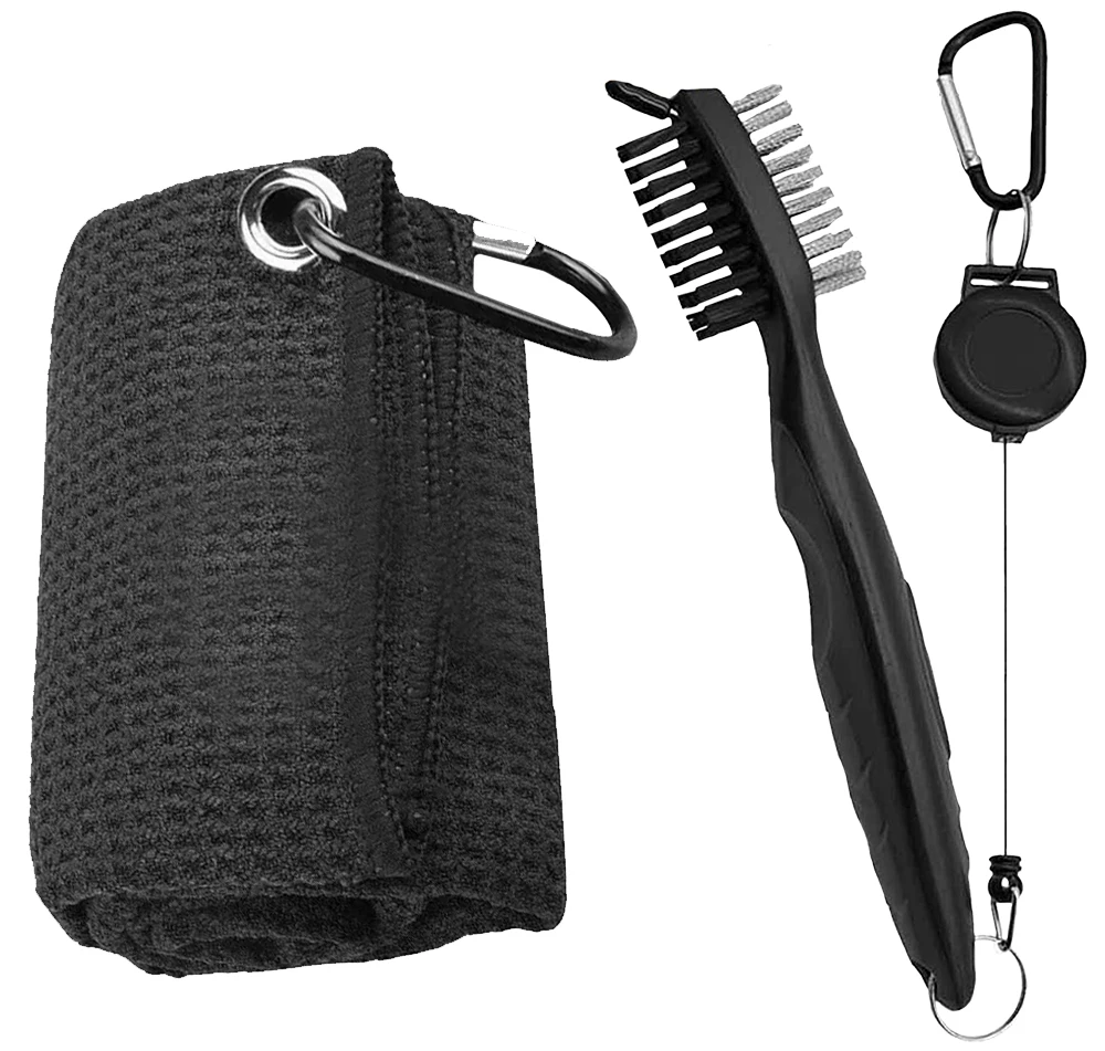 مجموعة كاملة لفرشاة نادي الجولف ومنظف المناشف مع فرشاة تنظيف الأخدود المزدوجة الجوانب وسبايك للعناية بالكرة