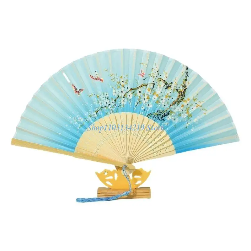N5KC Women Handheld Silk Dance Fan Foldable Florals Folding Fan Traditional Craft