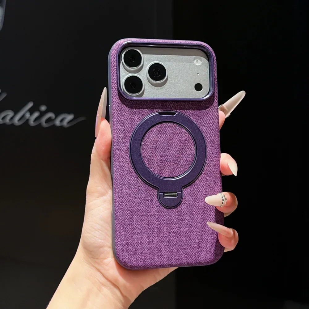Canvas Pattern For Magsafe Magnetic Phone Case For iPhone 18 17 16 15 Pro Max Plating Rotatable Ring Kickstand Shockproof Cover
