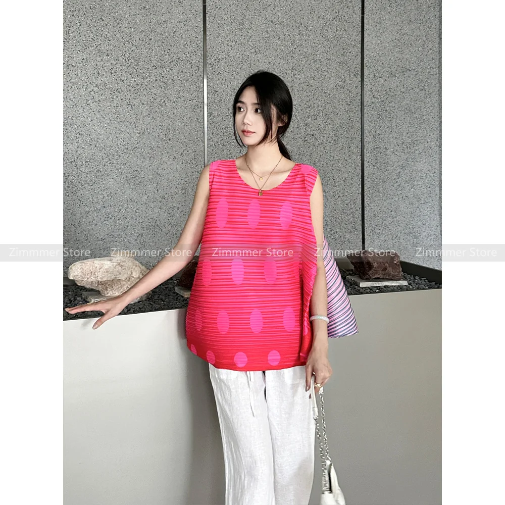 

Round neck polka dot design pleated slimming belly-covering sleeveless top spliced ​​irregular drape vest for women