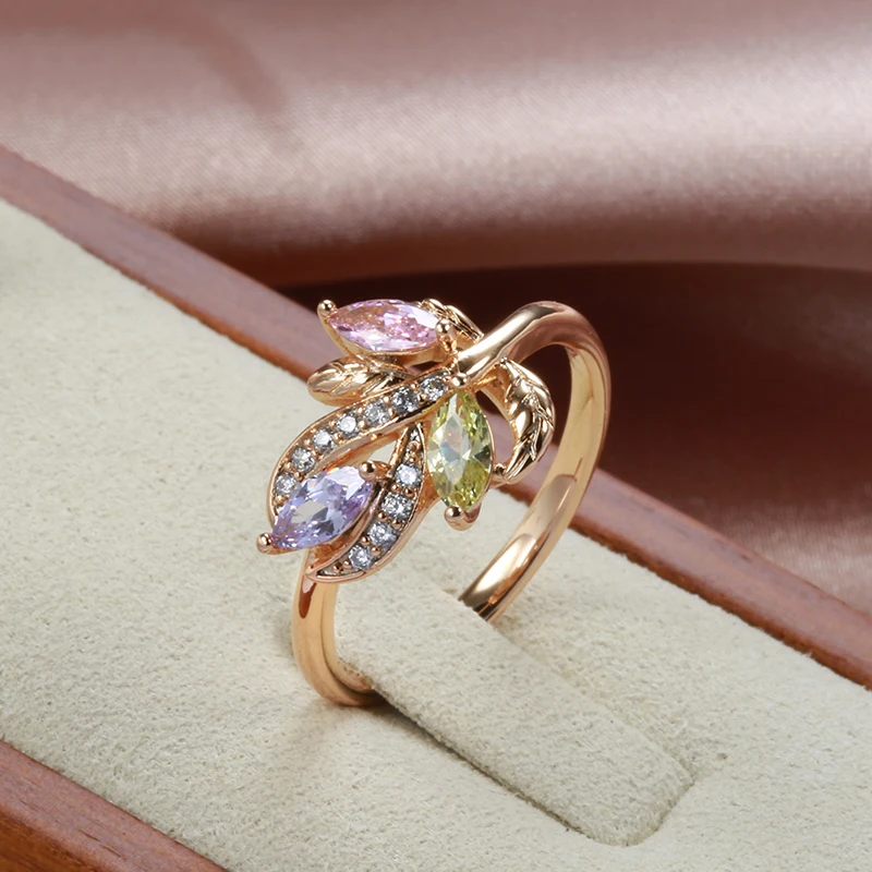 SYOUJYO Colorful Crystal Flower Ring For Women Romantic 585 Rose Gold Bride Wedding Rings Lover\'s Fine Jewelry Luxury Gift