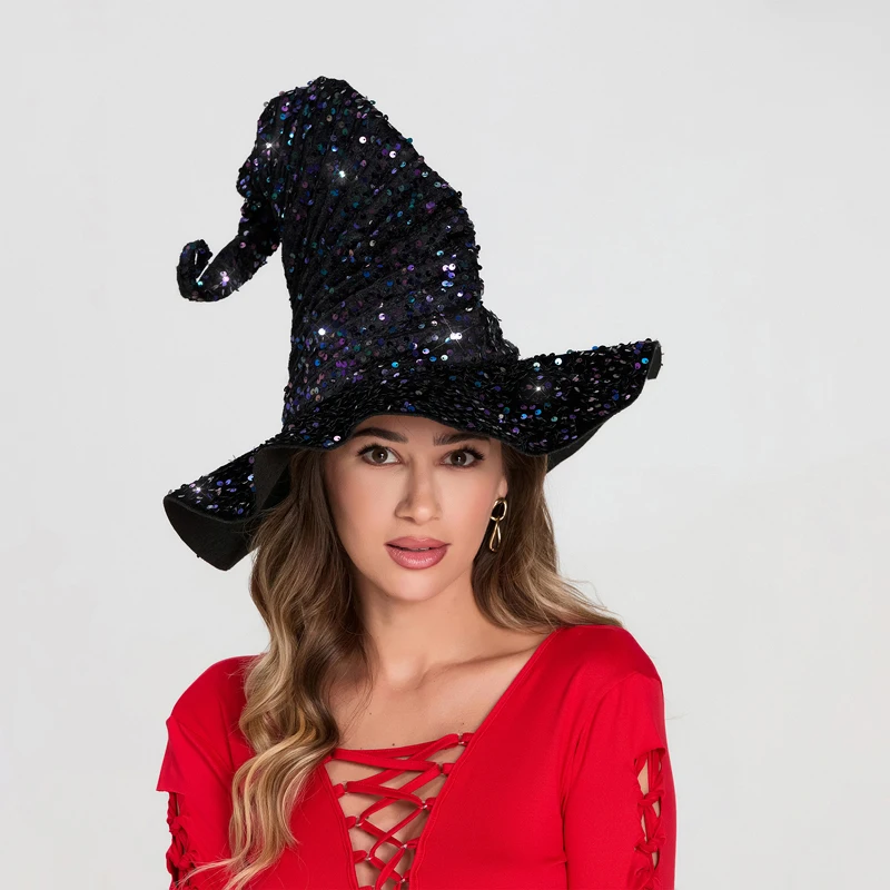 Halloween Witch Hats Men Women Sparkle Sequins Wide Brim Pointed Cap Masquerade Cosplay Party Wizard Hats Costume Accessory