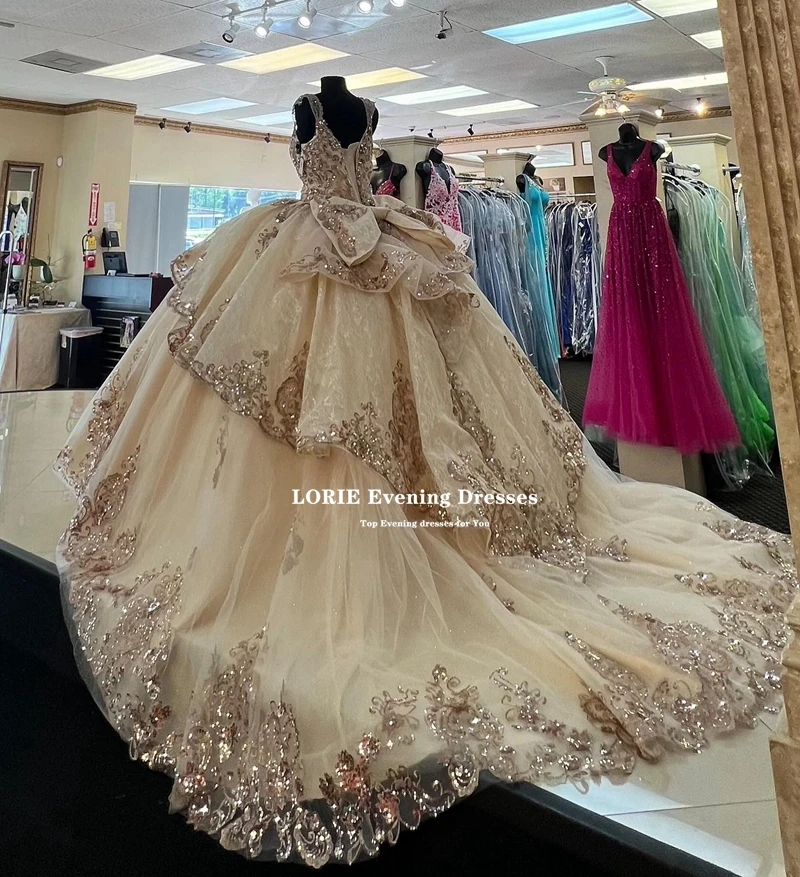 Lorie ชุดเดรสผ้าทูลเลชุดไปงานเต้นรำแบบฉัตรชุดเจ้าหญิง15 quinceanera มีสายรัดที่รัก