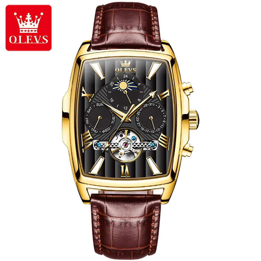 OLEVS Brand Automatic Mechanical Watch Wine Barrel Dial Waterproof Leather Strap Skeleton Design Watch Reloj de hombre 88