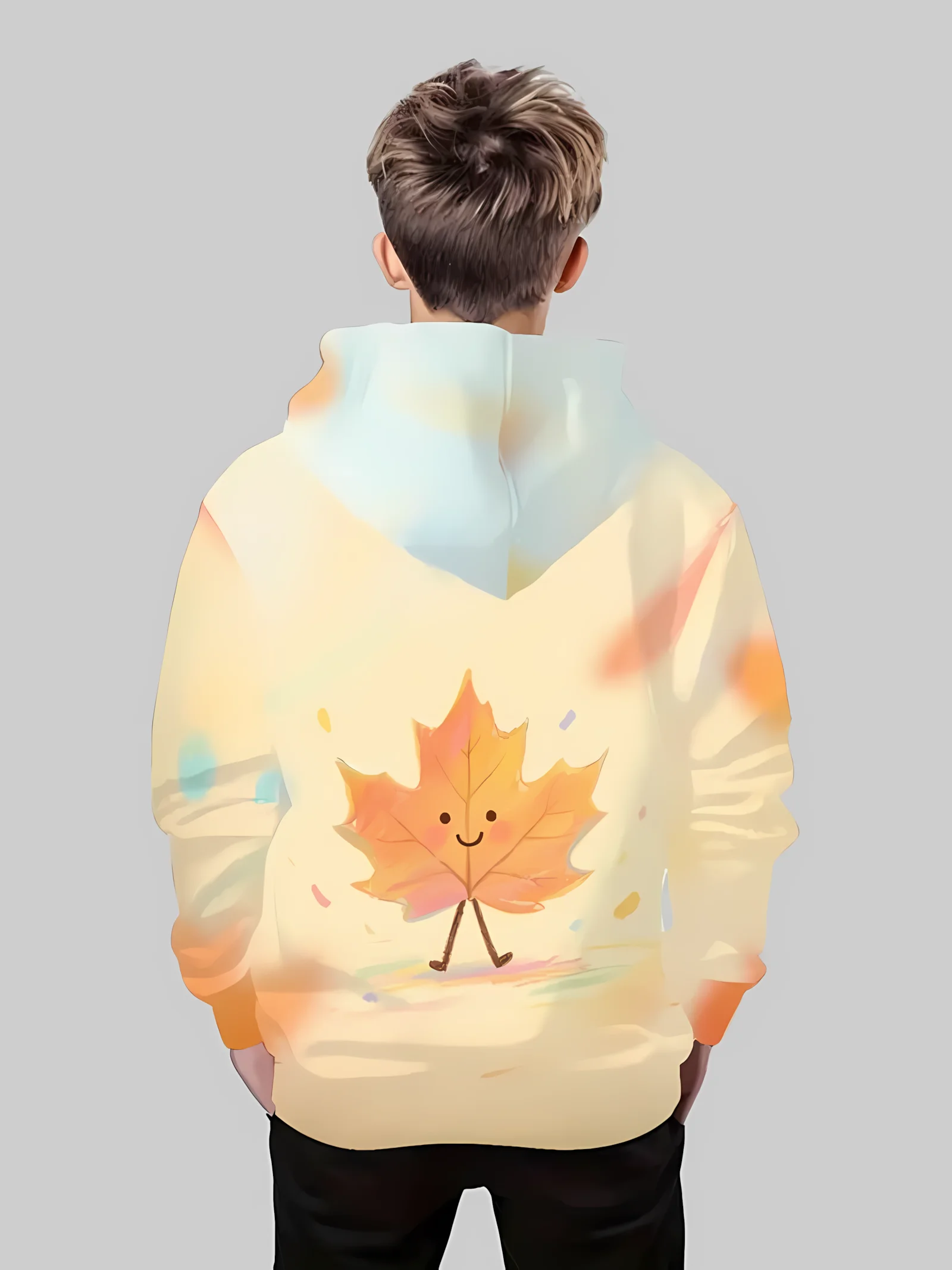 The 2025 autumn new comfortable children's hoodie with 3D cartoon maple leaf pattern printed casual and fashionable pullover