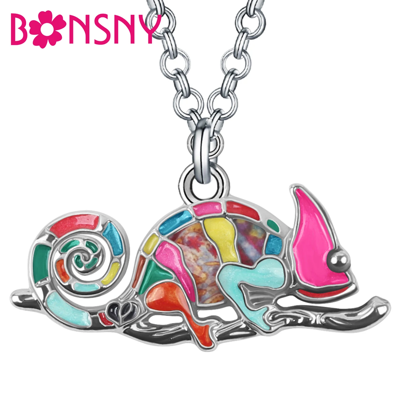 

BONSNY Enamel Alloy Floral Lizard Chameleon Necklace Reptile Pets Pendant Chain Fashion Jewelry For Women Men Teen Charms Gifts