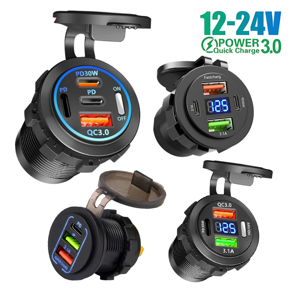 12V QC3.0 USB-C Outlet Socket PD Type-C USB Car Charger Power Outlet Accessories Waterproof for Car Boat Marine Bus ATV Truck