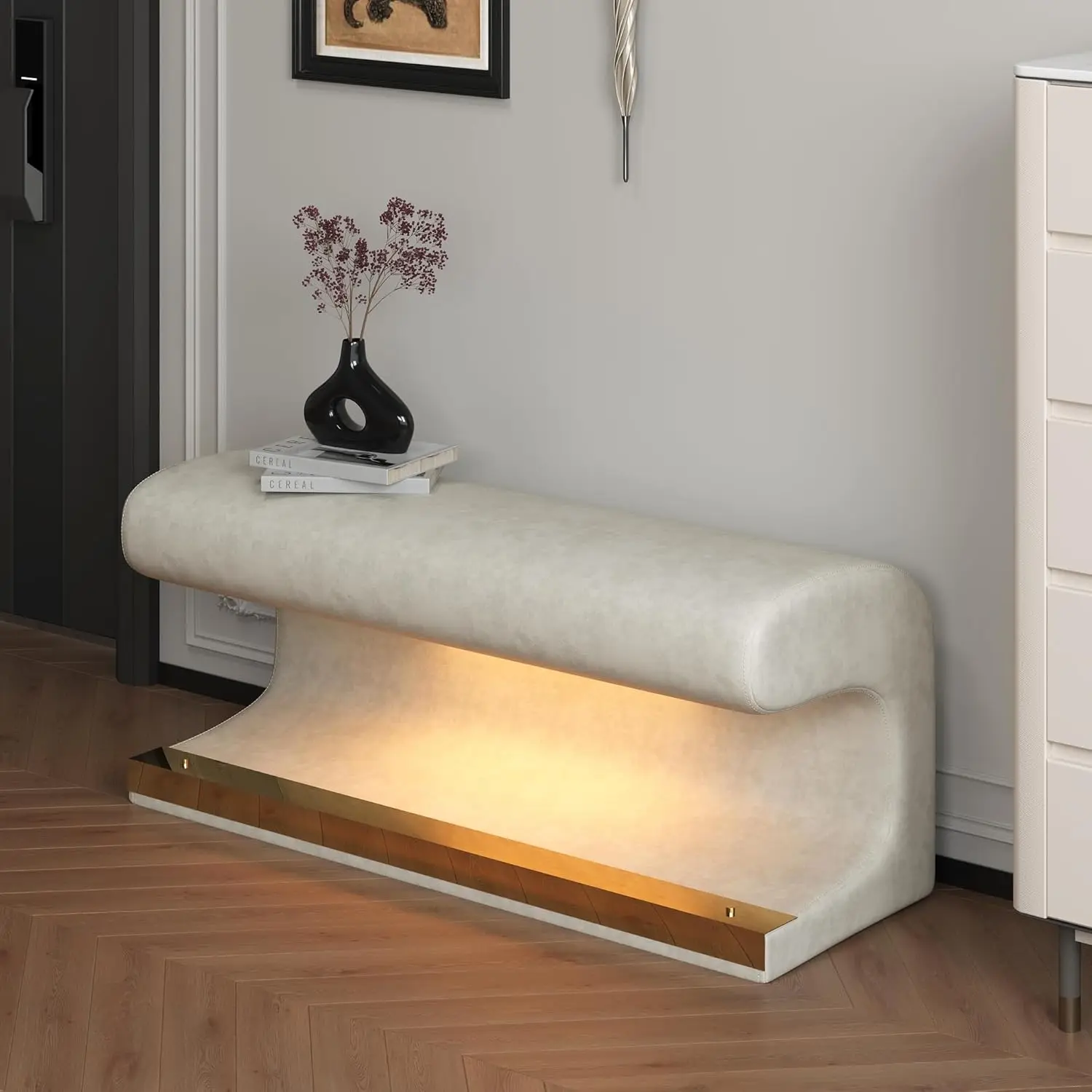 Entryway Bench with LED Sensor Light, Leather Upholstered Ottoman End of Bed Bench, Adjustable Light Level, 37 Inch Modern