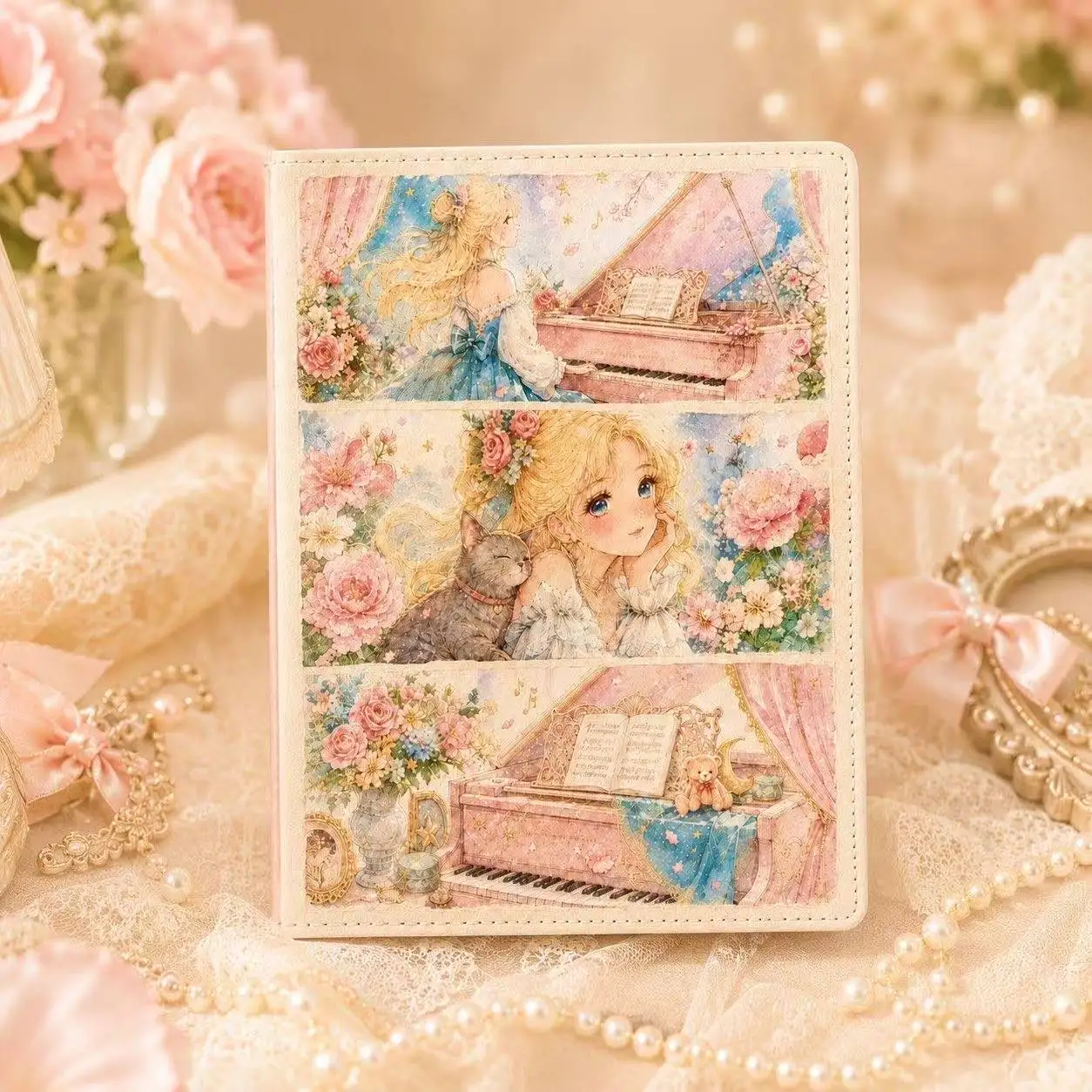 Retro Girl PU Leather Notebook with Color Illustration inside Page - Fashionable Diary Or Notepad for Girls school supplies