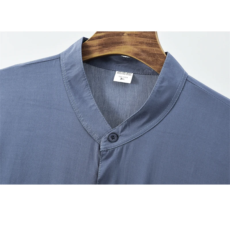 Summer Cotton Silk Men's Long-sleeved Shirt Simple Stand-up Collar Temperament Elegant Casual Shirt Comfortable Cool Home Wear