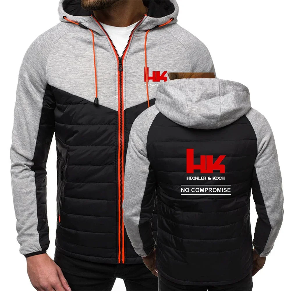 2024 Spring Autumn Men's HK Heckler Koch Firearms No Compromise Logo Print Patchwork Design High Quality Hooded Jacket Zip Coat